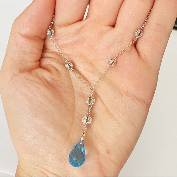 14k white gold diamond & blue topaz briolette lavalier necklace 18” - Picture 7 of 10